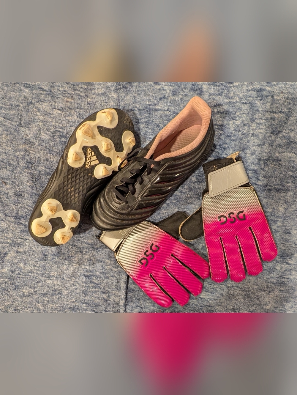 Adidas Black Soccer Cleats with Pink Lining And Goalie Gloves